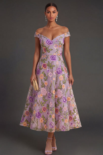 Lilac Violet Floral A-Line Wedding Guest Dress