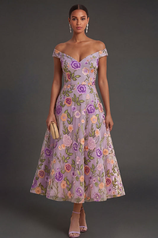 Lilac Violet Floral A-Line Wedding Guest Dress