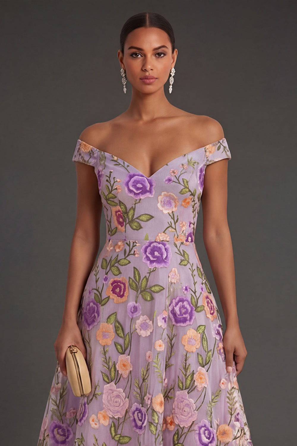 Lilac Violet Floral A-Line Wedding Guest Dress