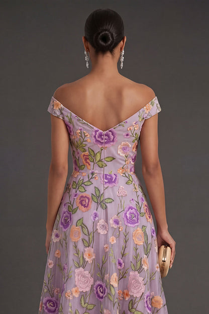 Lilac Violet Floral A-Line Wedding Guest Dress