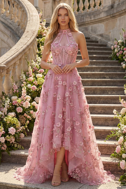 Line Halter Neck Corset Long Prom Dress with Appliqued 3D Flowers Taro Off-Shoulder Corset Gown
