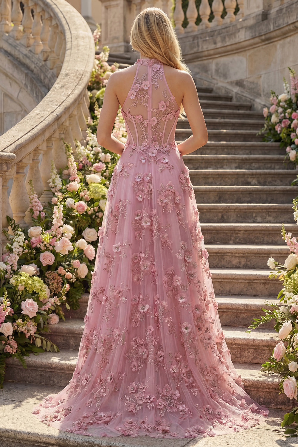 Line Halter Neck Corset Long Prom Dress with Appliqued 3D Flowers Taro Off-Shoulder Corset Gown