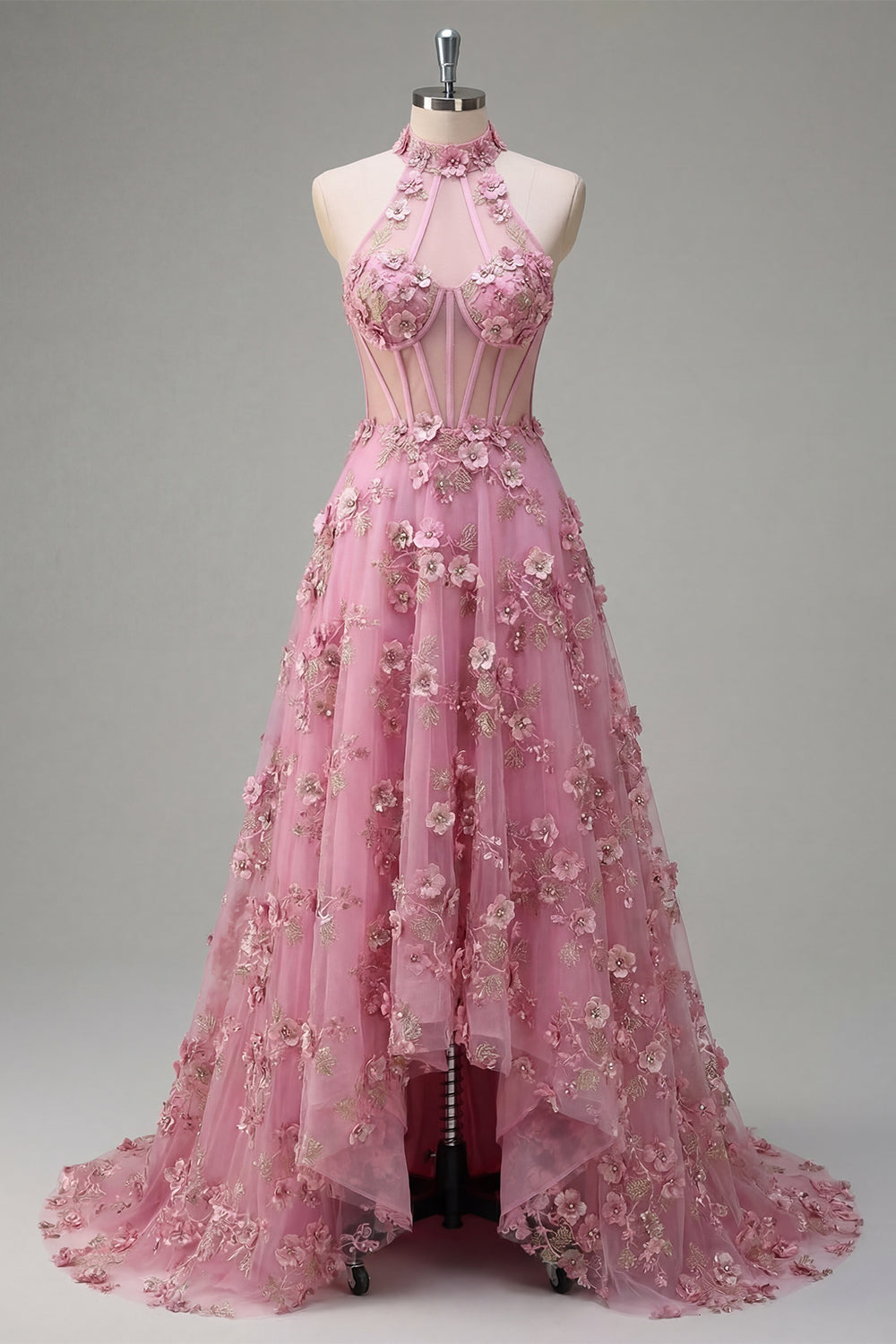 Line Halter Neck Corset Long Prom Dress with Appliqued 3D Flowers Taro Off-Shoulder Corset Gown