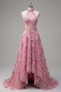 Line Halter Neck Corset Long Prom Dress with Appliqued 3D Flowers