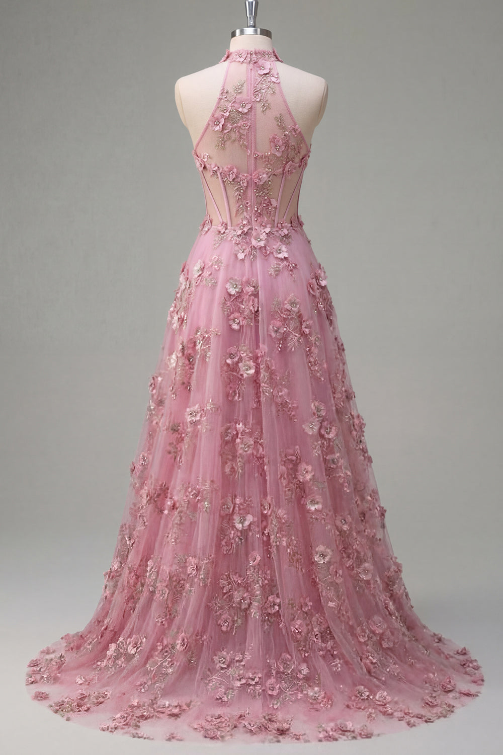 Line Halter Neck Corset Long Prom Dress with Appliqued 3D Flowers Taro Off-Shoulder Corset Gown