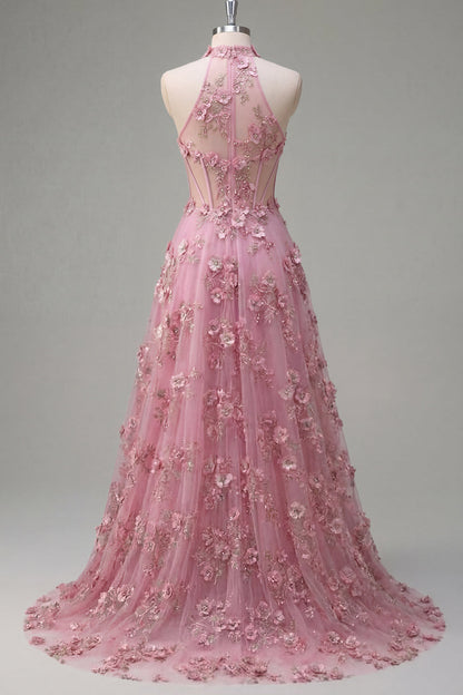 Line Halter Neck Corset Long Prom Dress with Appliqued 3D Flowers Taro Off-Shoulder Corset Gown