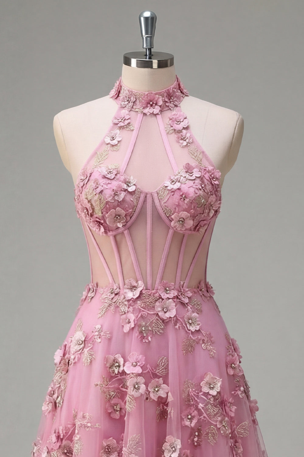 Line Halter Neck Corset Long Prom Dress with Appliqued 3D Flowers Taro Off-Shoulder Corset Gown