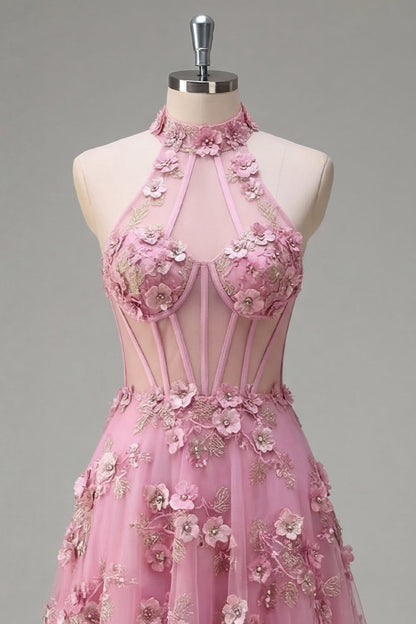 Line Halter Neck Corset Long Prom Dress with Appliqued 3D Flowers Taro Off-Shoulder Corset Gown