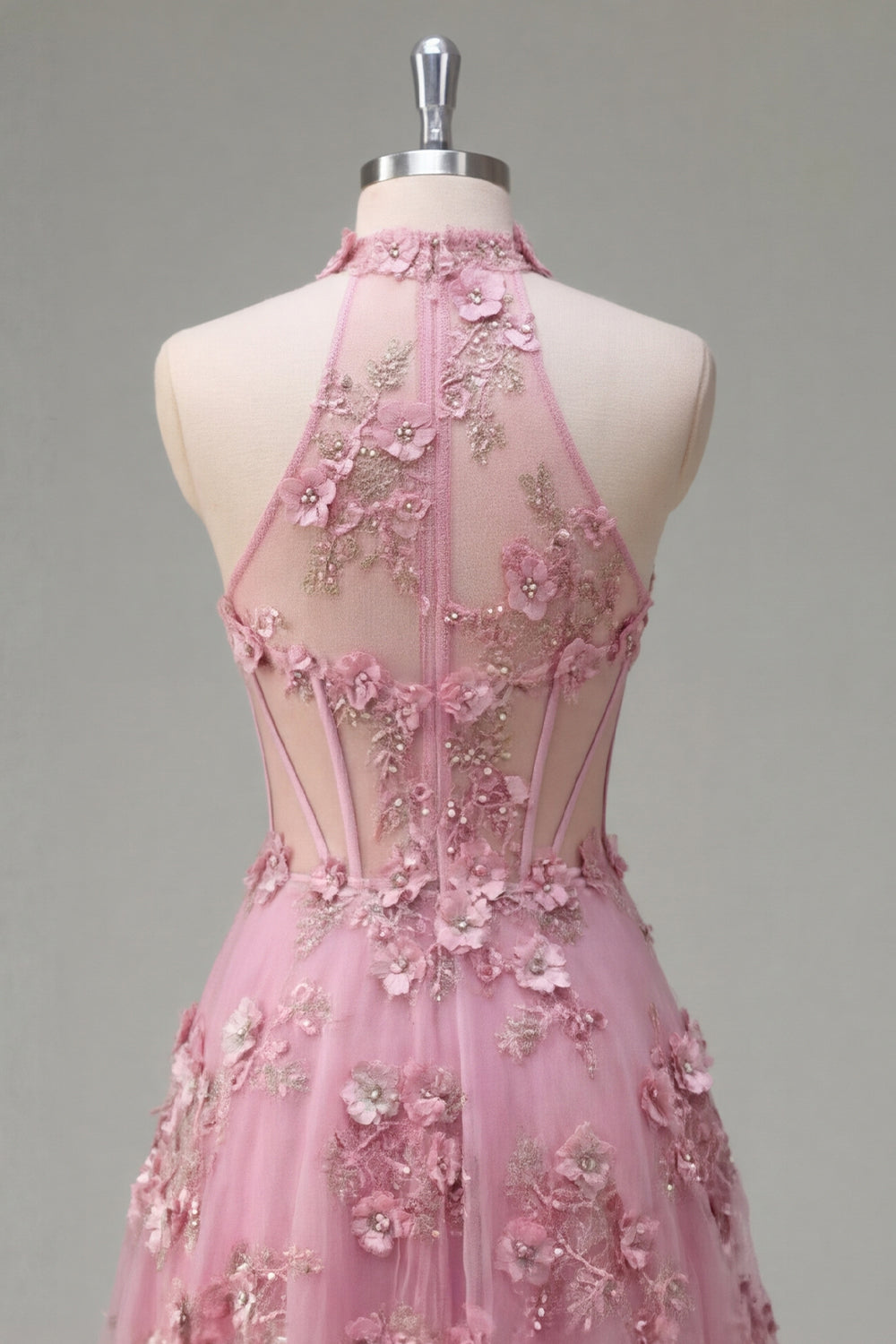 Line Halter Neck Corset Long Prom Dress with Appliqued 3D Flowers Taro Off-Shoulder Corset Gown