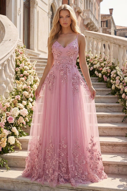 Line Spaghetti Straps Long Prom Dress with Appliqued 3D Flowers Taro Off-Shoulder Corset Gown