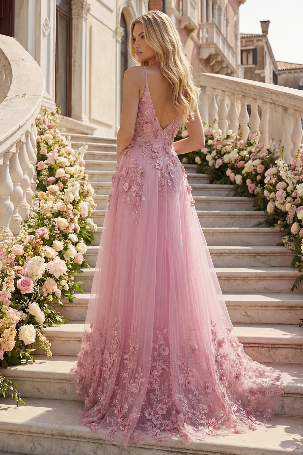 Line Spaghetti Straps Long Prom Dress with Appliqued 3D Flowers Taro Off-Shoulder Corset Gown