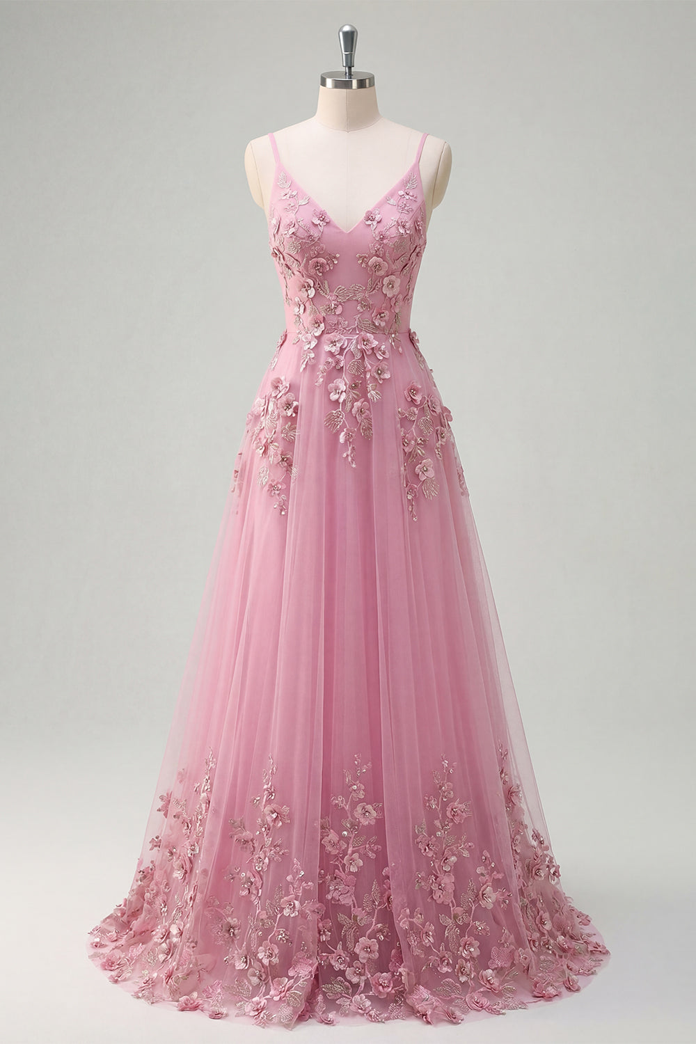 Line Spaghetti Straps Long Prom Dress with Appliqued 3D Flowers Taro Off-Shoulder Corset Gown