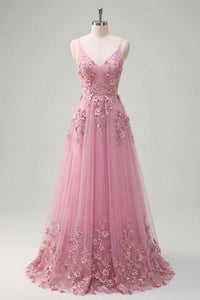 Line Spaghetti Straps Long Prom Dress with Appliqued 3D Flowers