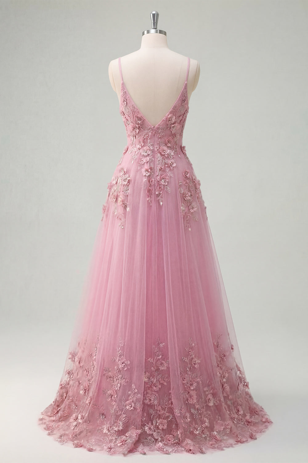 Line Spaghetti Straps Long Prom Dress with Appliqued 3D Flowers Taro Off-Shoulder Corset Gown