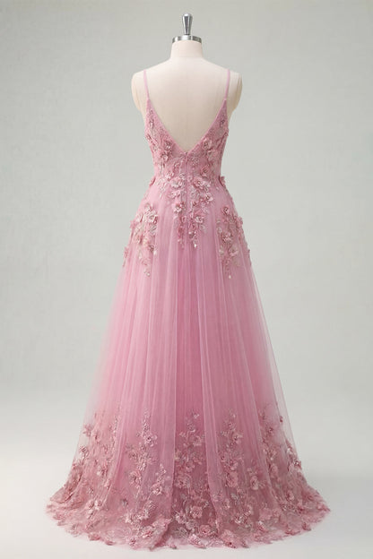 Line Spaghetti Straps Long Prom Dress with Appliqued 3D Flowers Taro Off-Shoulder Corset Gown