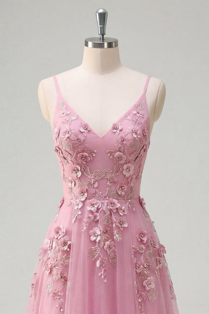 Line Spaghetti Straps Long Prom Dress with Appliqued 3D Flowers Taro Off-Shoulder Corset Gown
