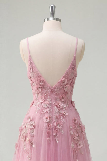 Line Spaghetti Straps Long Prom Dress with Appliqued 3D Flowers Taro Off-Shoulder Corset Gown