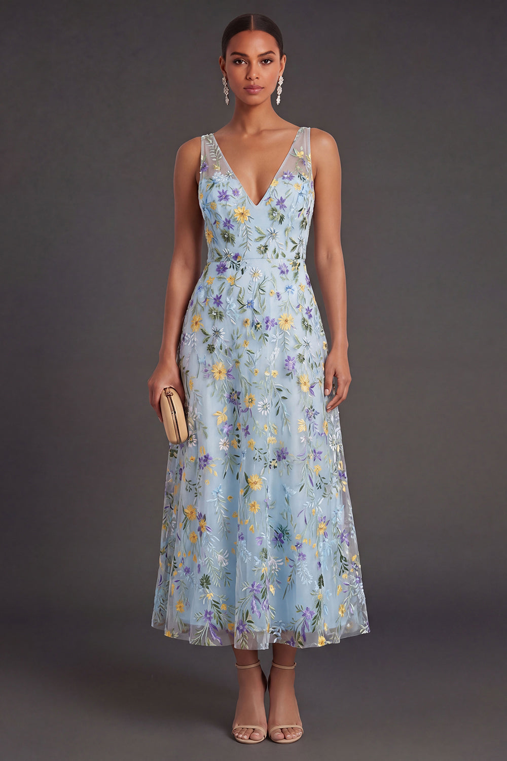 Blue Flower Arabella Floral V-Neck Midi Dress