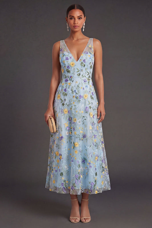 Blue Flower Arabella Floral V-Neck Midi Dress