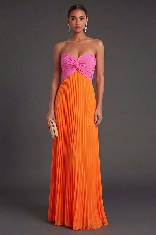 Pink and Orange Vivienne Pleated Sweetheart Gown