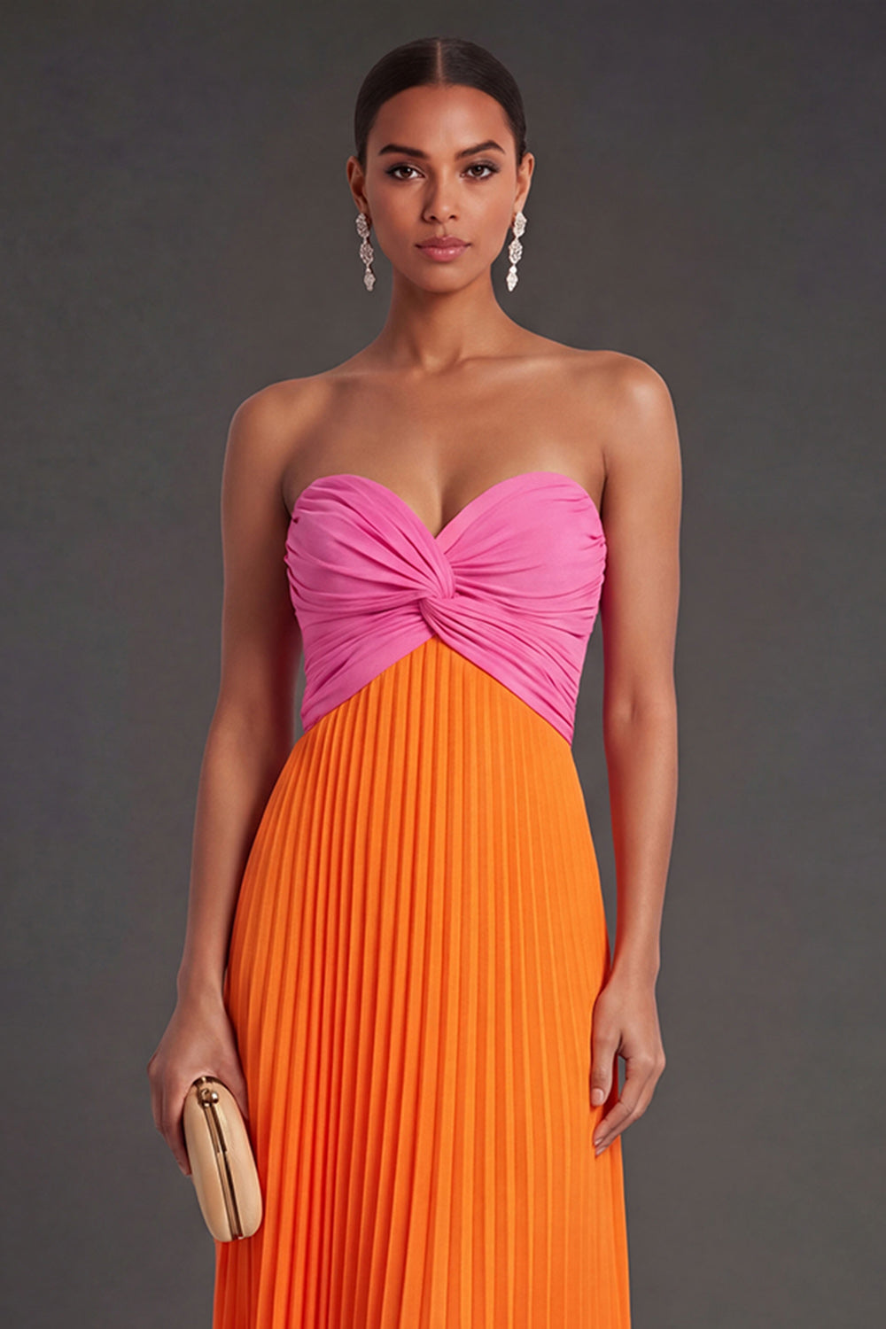 Pink and Orange Vivienne Pleated Sweetheart Gown