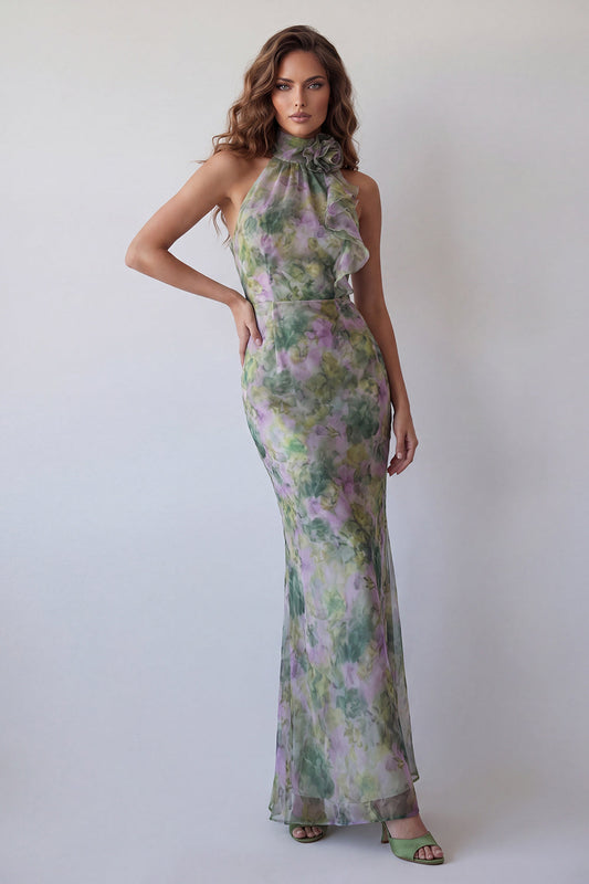 Staubiger Salbei Valentina Halter Chiffon Maxi Dress