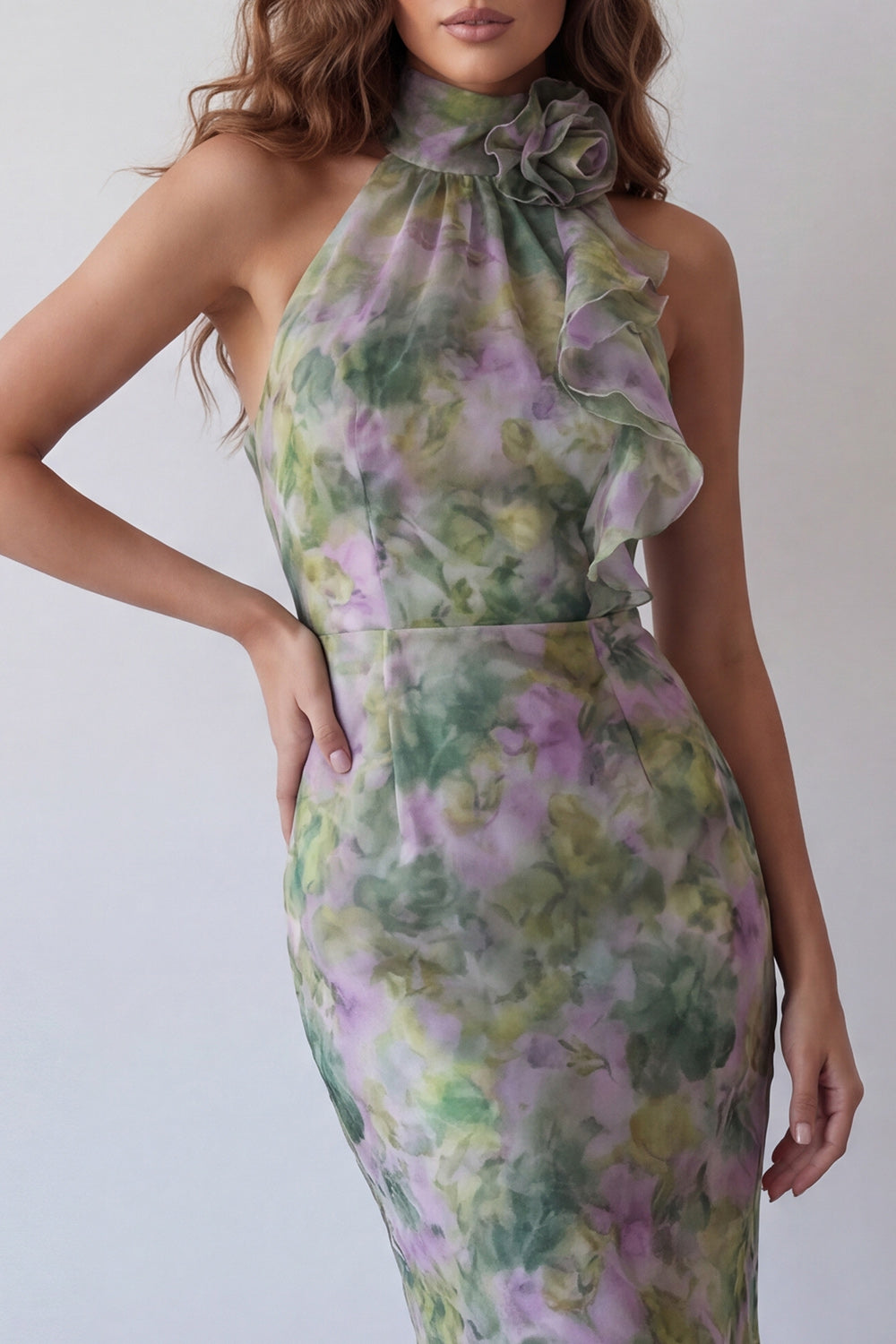 Staubiger Salbei Valentina Halter Chiffon Maxi Dress