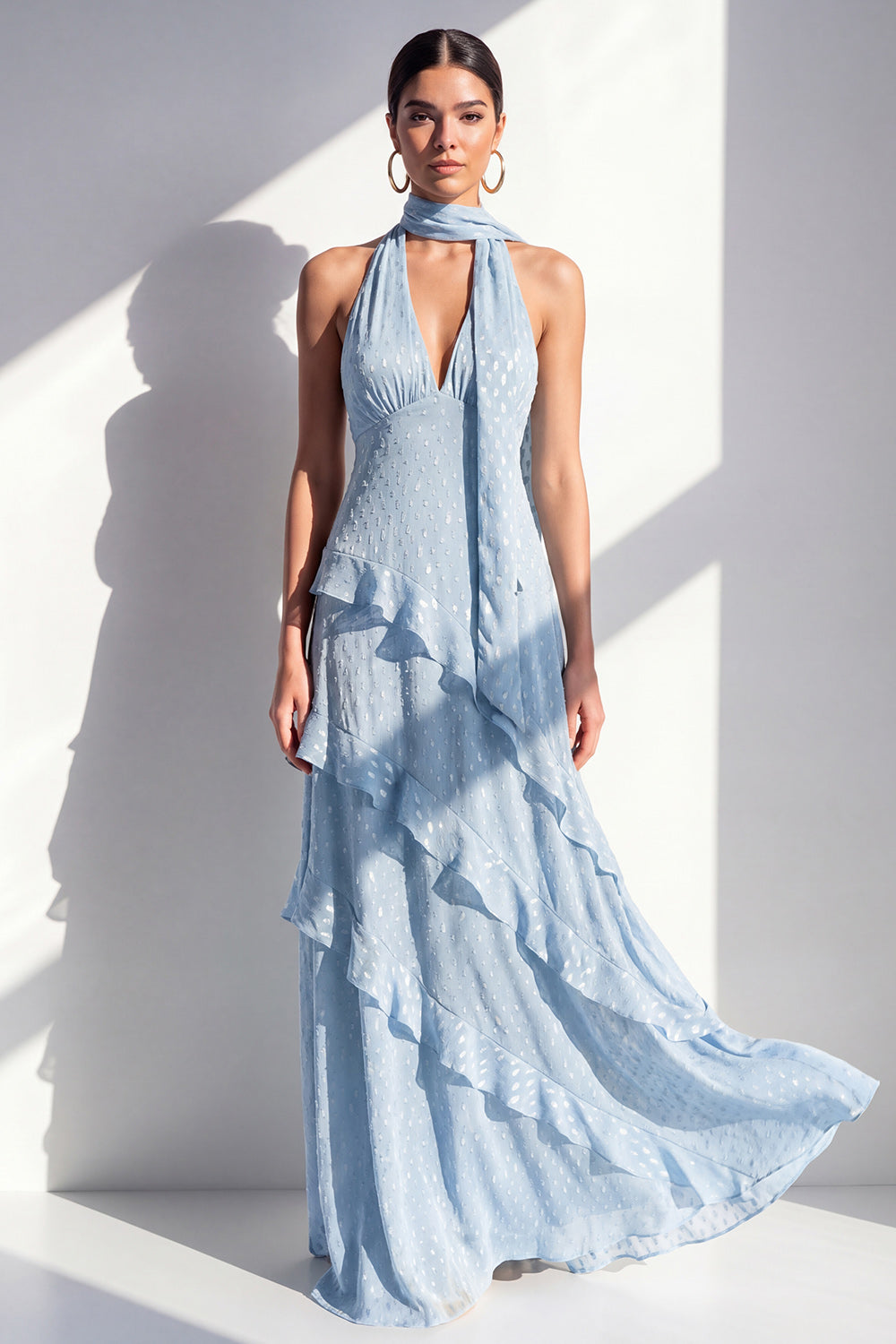 Line Yellow Halter Neck Chiffon Maxi Dress with Ruffles Margot A-Line Ivory Floral Prom Dress