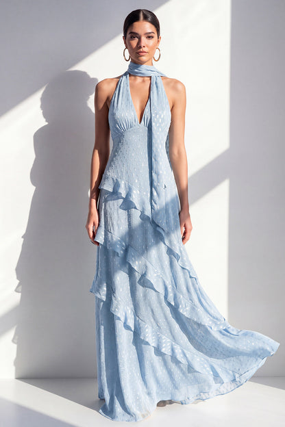 Line Yellow Halter Neck Chiffon Maxi Dress with Ruffles Margot A-Line Ivory Floral Prom Dress