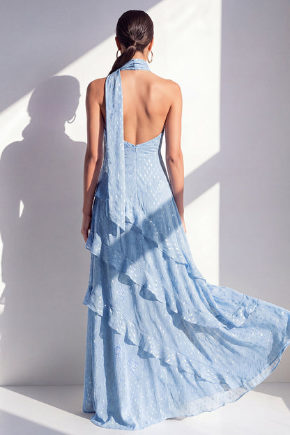 Line Yellow Halter Neck Chiffon Maxi Dress with Ruffles Margot A-Line Ivory Floral Prom Dress