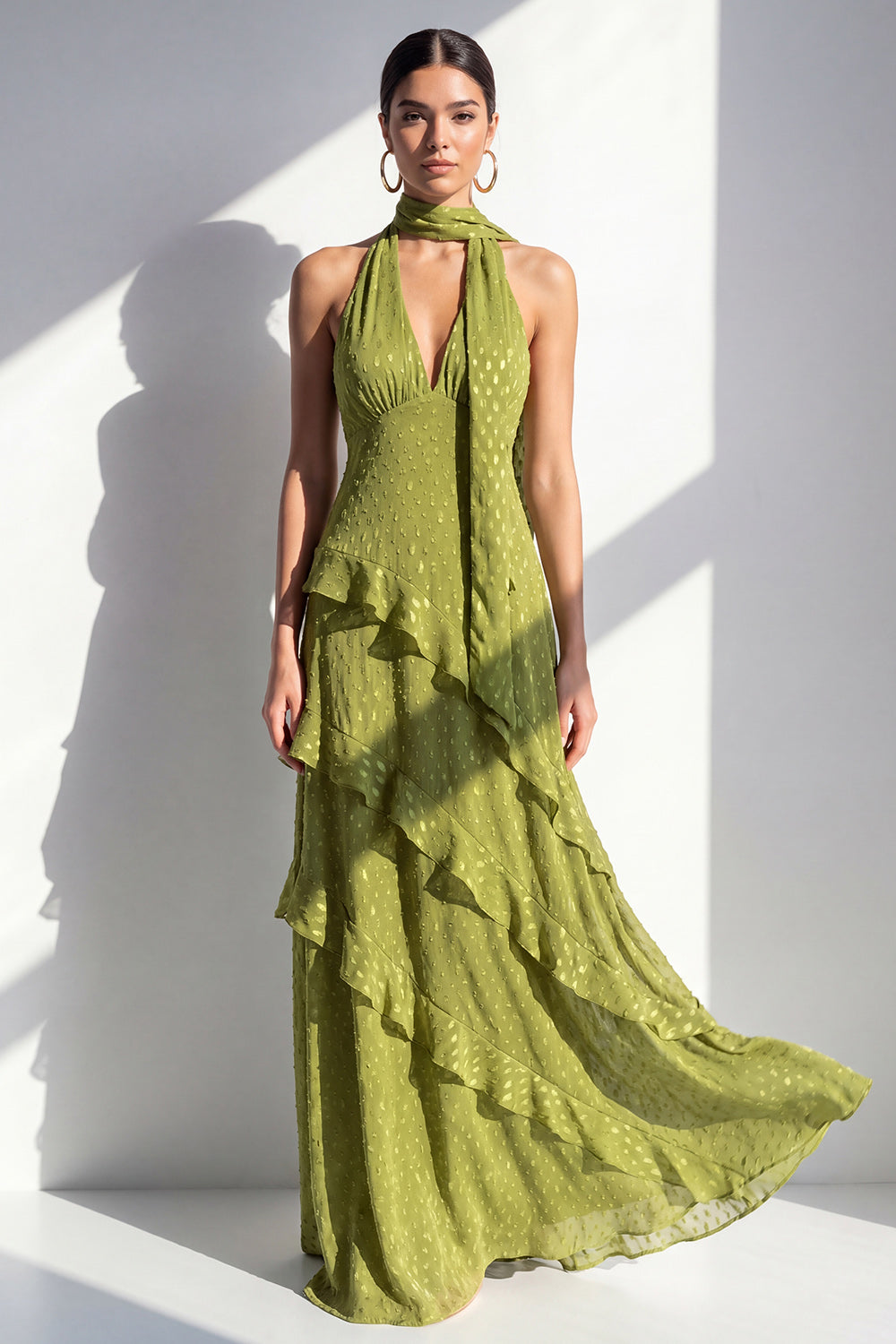 Line Yellow Halter Neck Chiffon Maxi Dress with Ruffles Margot A-Line Ivory Floral Prom Dress