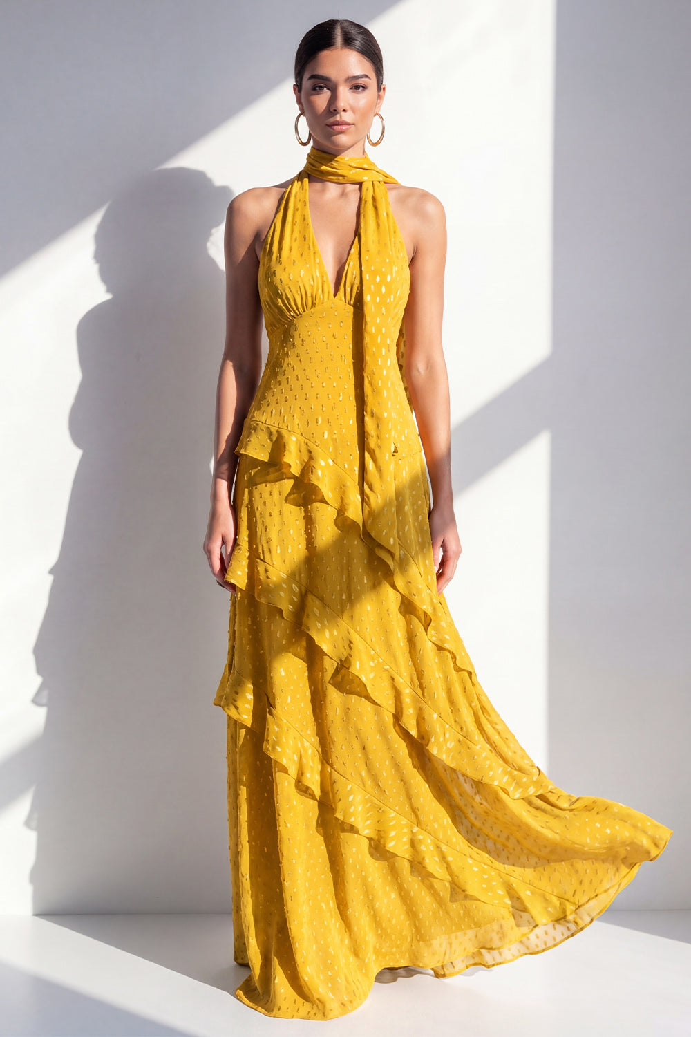 Line Yellow Halter Neck Chiffon Maxi Dress with Ruffles Margot A-Line Ivory Floral Prom Dress