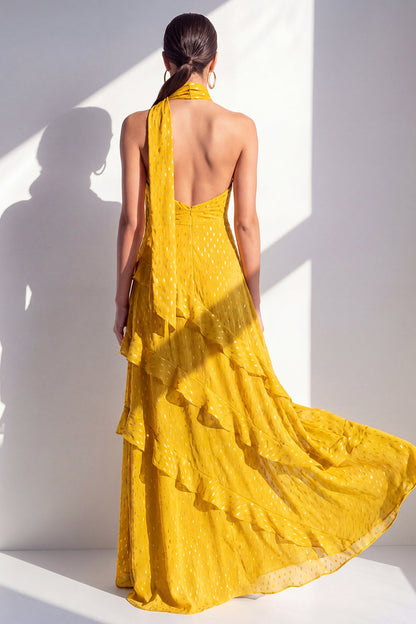 Line Yellow Halter Neck Chiffon Maxi Dress with Ruffles Margot A-Line Ivory Floral Prom Dress