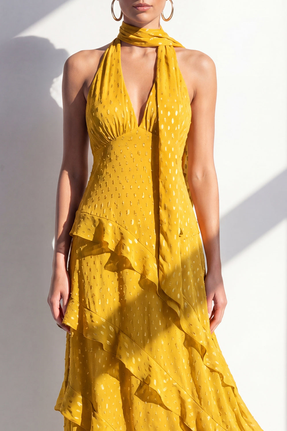 Line Yellow Halter Neck Chiffon Maxi Dress with Ruffles Margot A-Line Ivory Floral Prom Dress