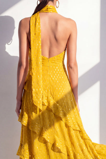 Line Yellow Halter Neck Chiffon Maxi Dress with Ruffles Margot A-Line Ivory Floral Prom Dress