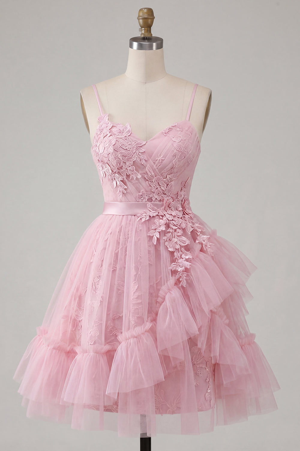 Line Pink Floral Spaghetti Straps Homecoming Dress with Ruffles Margot A-Line Ivory Floral Prom Dress