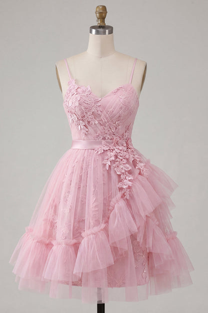 Line Pink Floral Spaghetti Straps Homecoming Dress with Ruffles Margot A-Line Ivory Floral Prom Dress