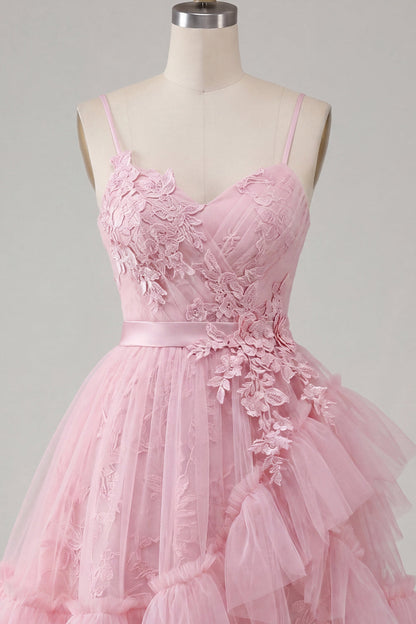 Line Pink Floral Spaghetti Straps Homecoming Dress with Ruffles Margot A-Line Ivory Floral Prom Dress
