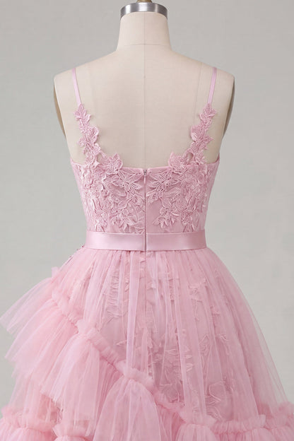 Line Pink Floral Spaghetti Straps Homecoming Dress with Ruffles Margot A-Line Ivory Floral Prom Dress