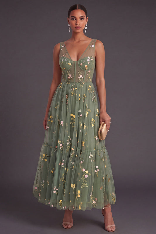 Dusty Sage Evangeline Floral Corset A-Line Dress
