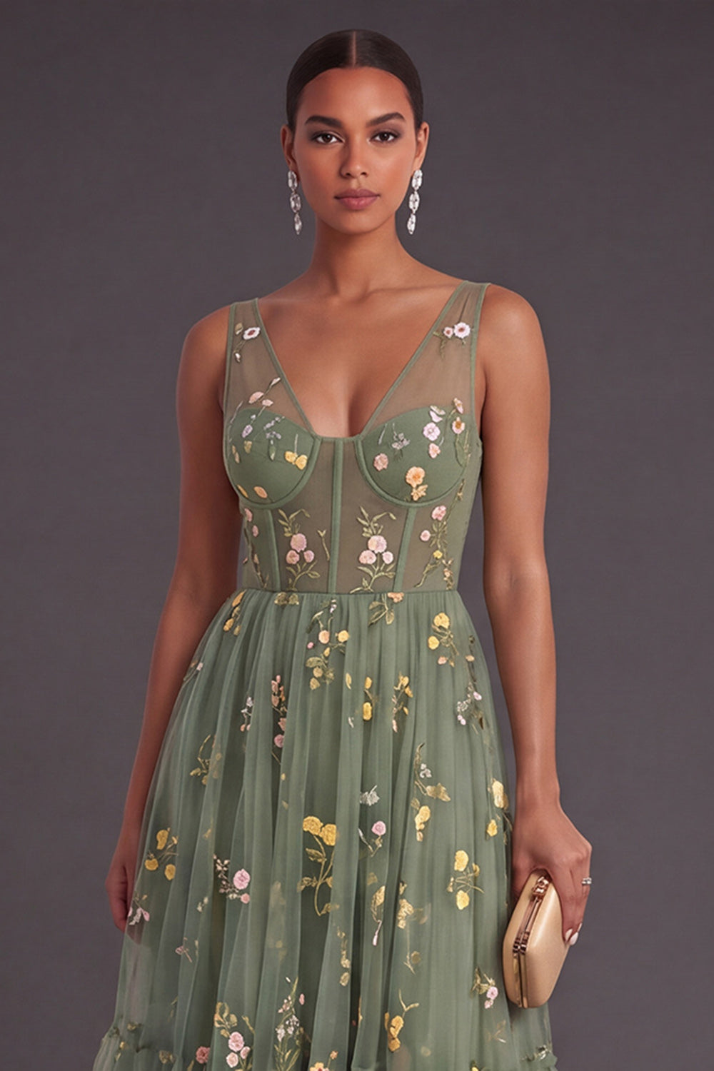 Dusty Sage Evangeline Floral Corset A-Line Dress