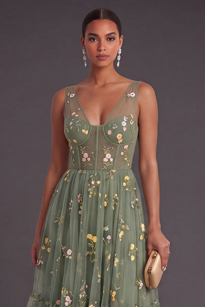 Dusty Sage Evangeline Floral Corset A-Line Dress