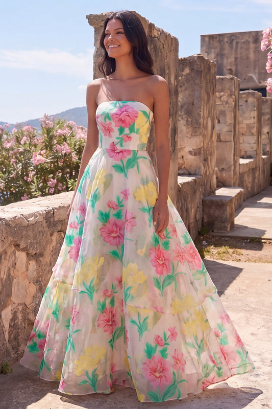 Daffodil Pink Flower Ophelia Floral Strapless Gown