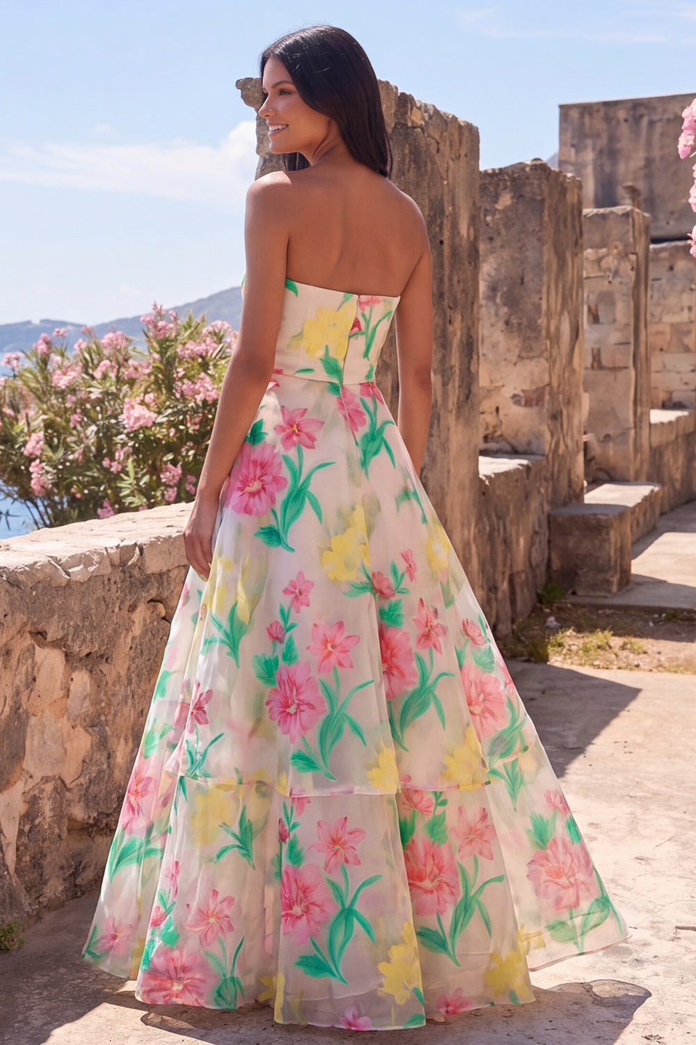 Daffodil Pink Flower Ophelia Floral Strapless Gown
