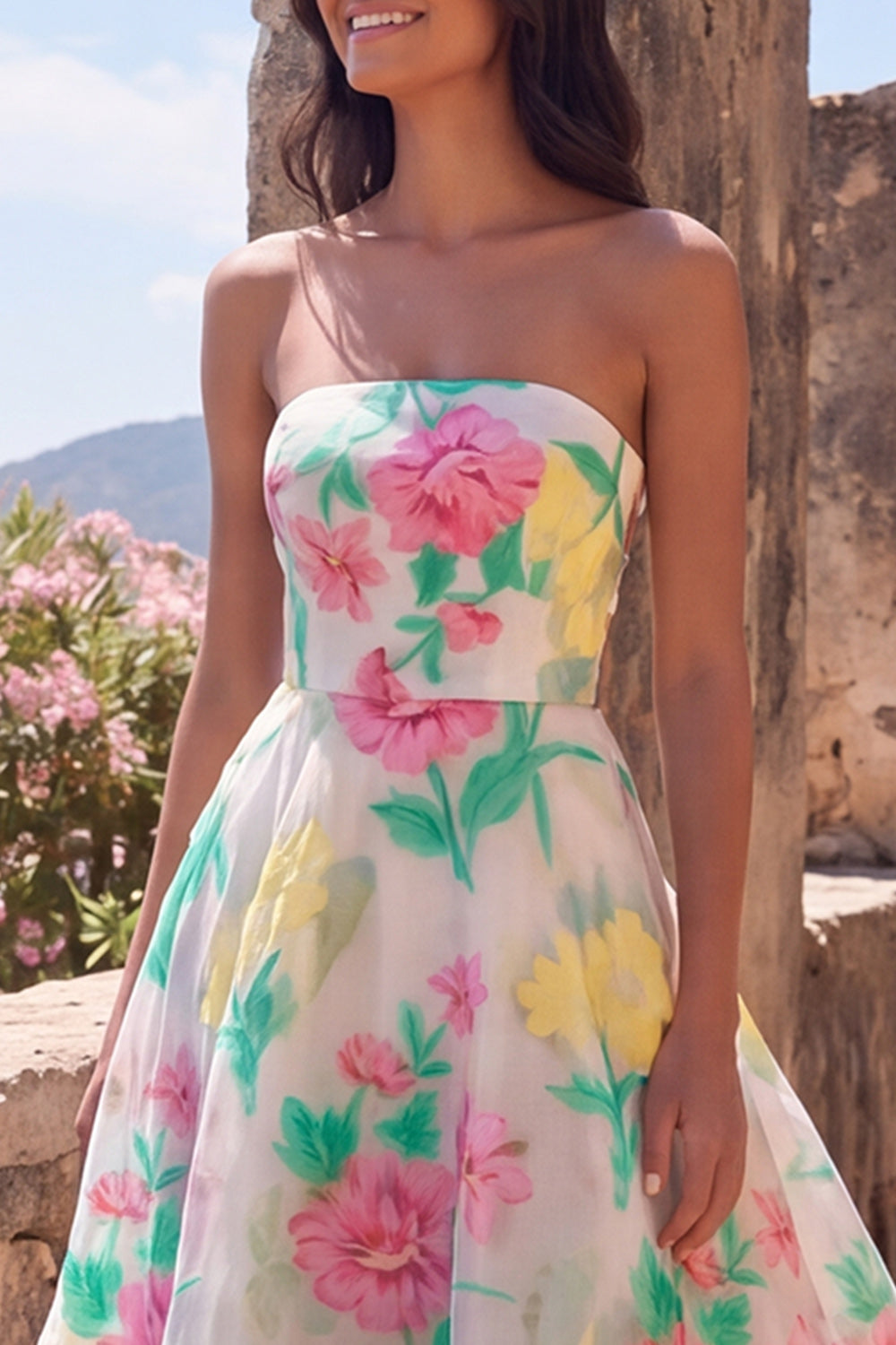 Daffodil Pink Flower Ophelia Floral Strapless Gown
