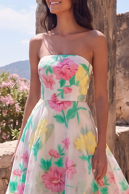 Daffodil Pink Flower Ophelia Floral Strapless Gown