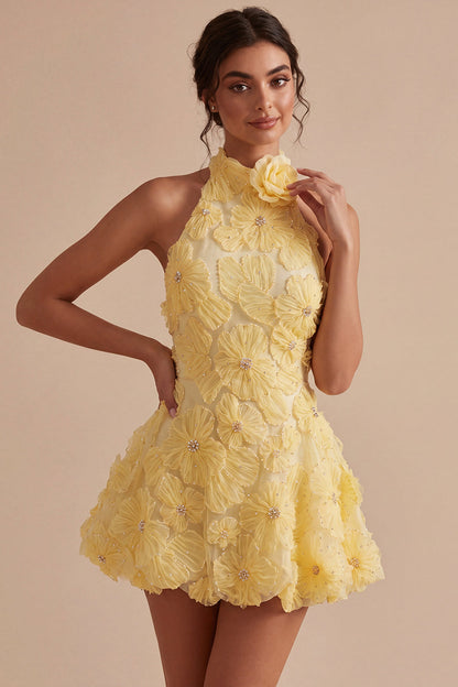 Light Khaki Floral Halter A Line Daffodil Short Backless Homecoming Dress with Beading - Daffodil / US6