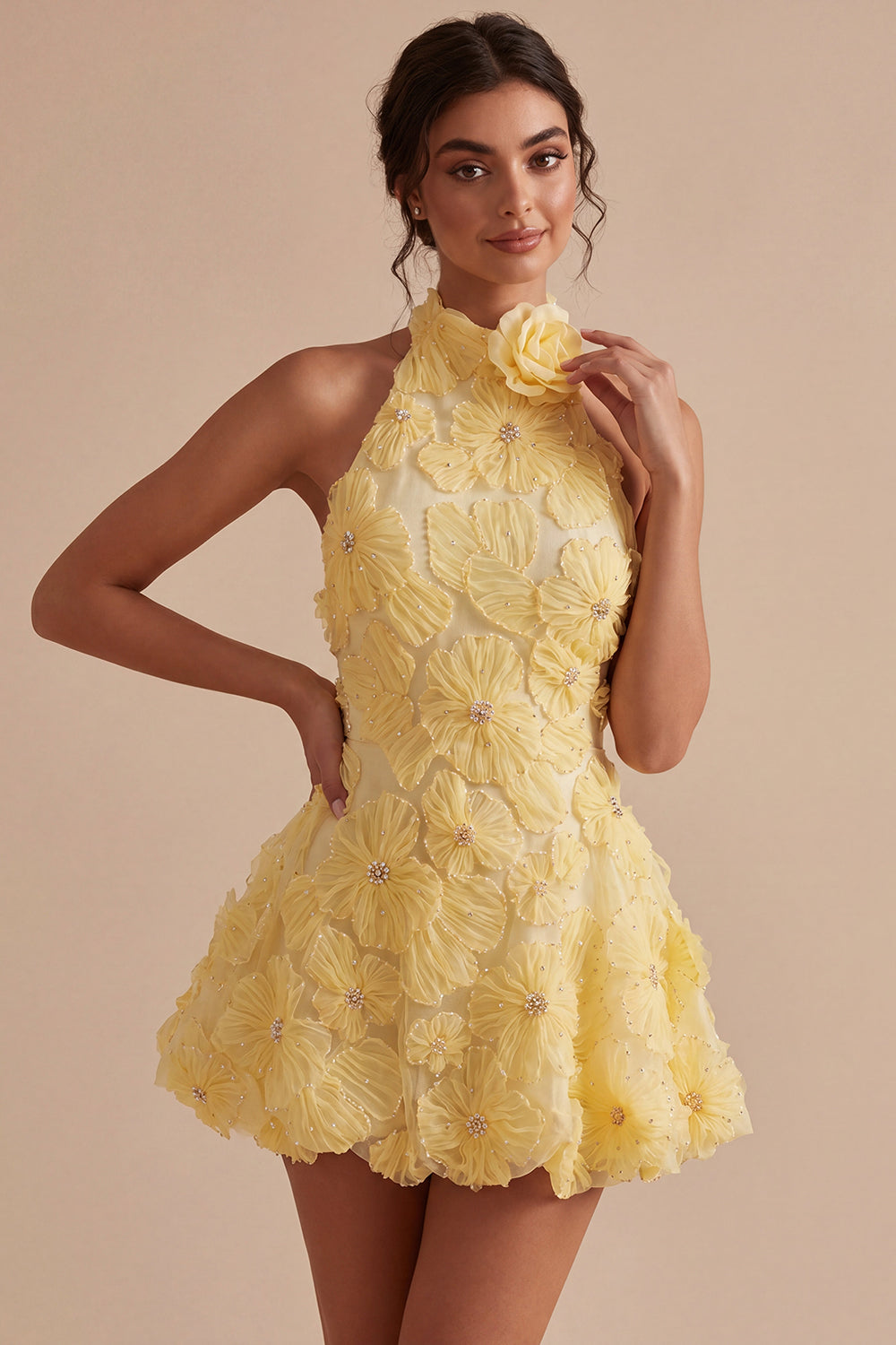 Dusty Sage Floral Halter A Line Daffodil Short Backless Homecoming Dress with Beading - Daffodil / US6