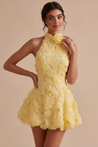 Floral Halter A Line Daffodil Short Backless Homecoming Dress with Beading - Daffodil / US6