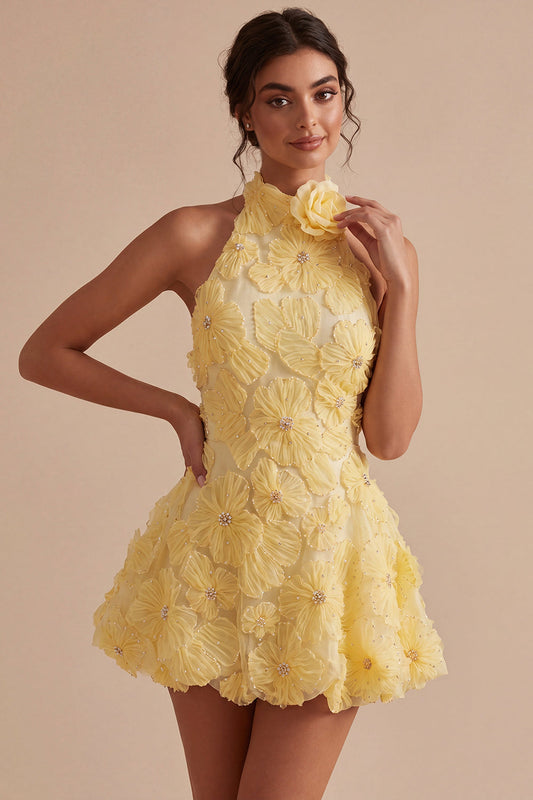 Daffodil Floral Halter A Line Daffodil Short Backless Homecoming Dress with Beading - Daffodil / US6